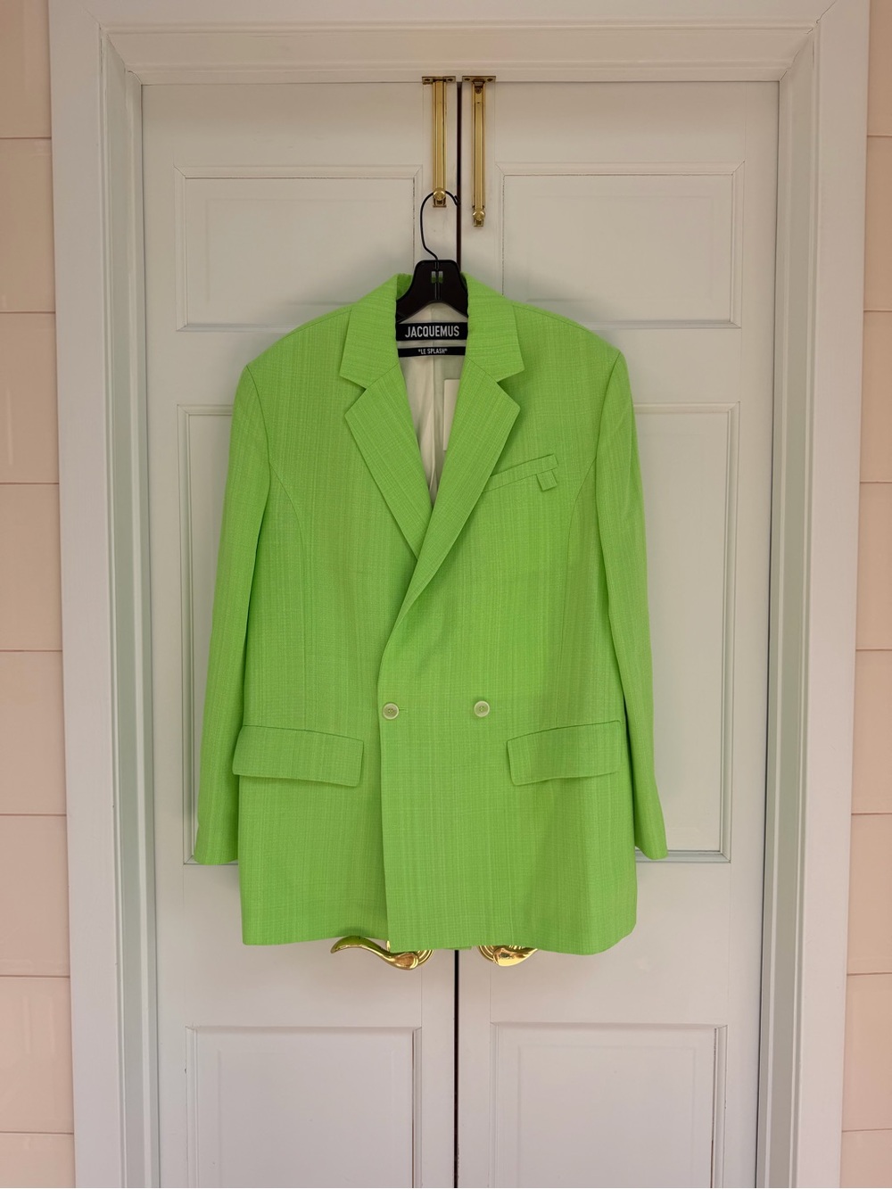 Jacquemus “Le Splash” Neon Lime Green Double-Breasted Linen Blazer - Picture 12 of 16